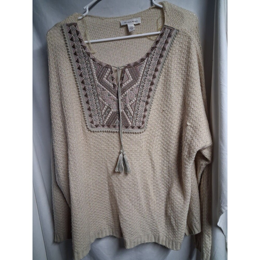 vintage america size large woamns sweater boho hippy key hole front Beige Read